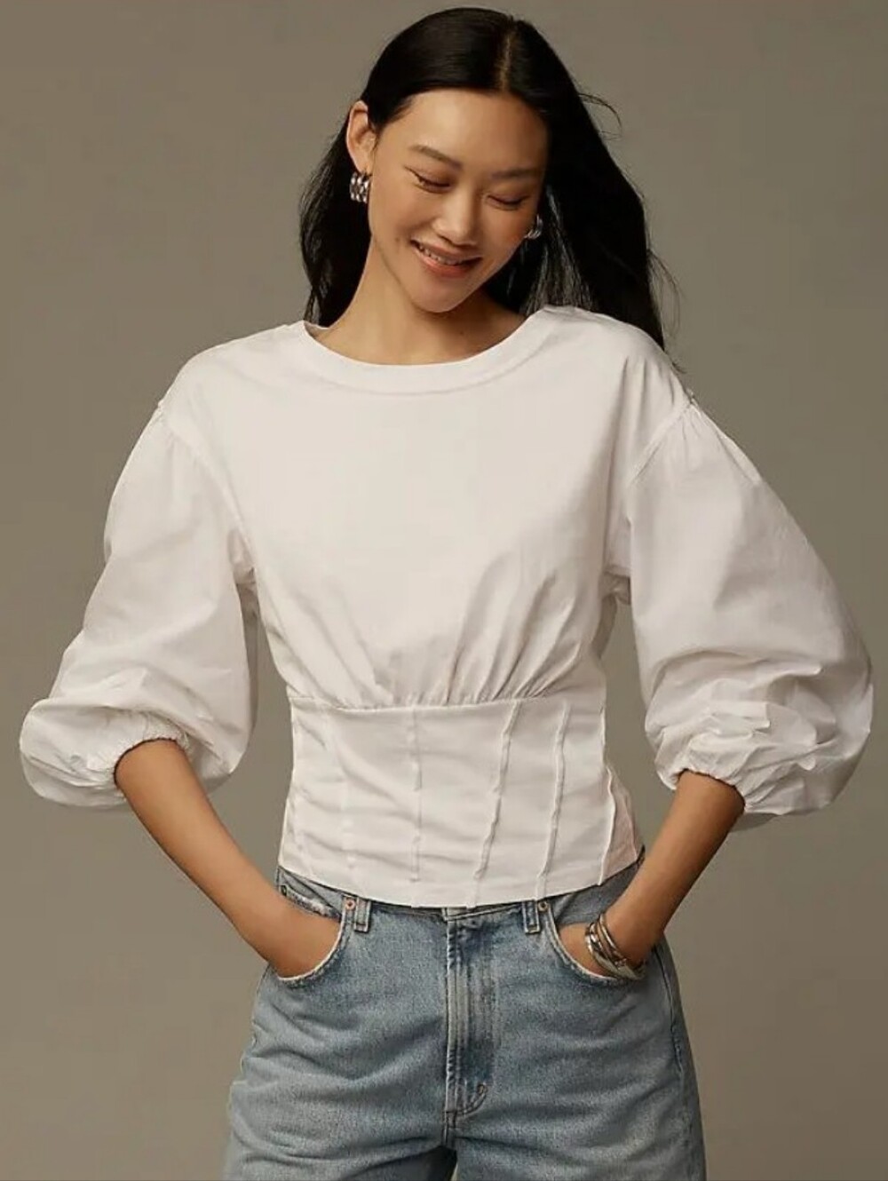 Anthropologie Balloon Sleeve Corset Cotton Long Sleeve Blouse Top Size L